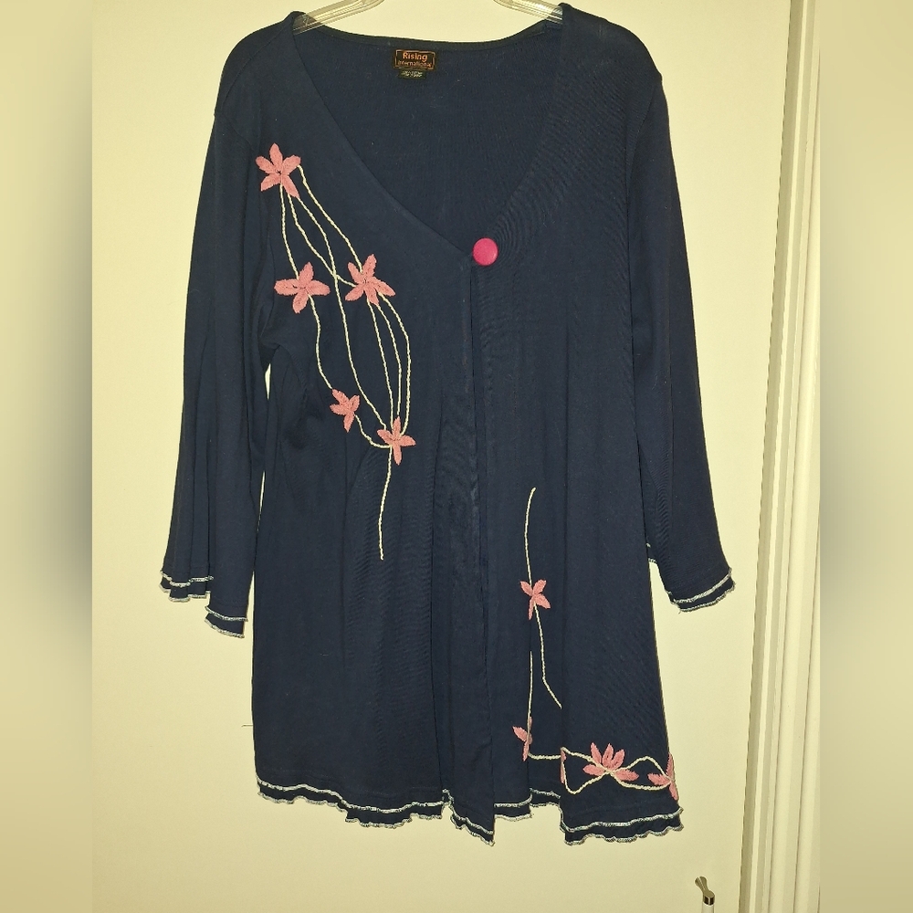 Rising International Navy Cardigan with Pink Floral Accents